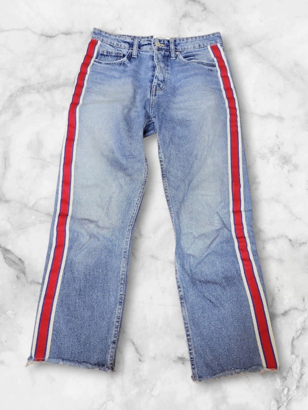 Zara Light Blue Straight Leg Jeans with Red Side Stripes